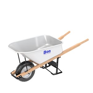 STEEL TRAY WHEELBARROW WITH LEG STABILIZER - 6 CU FT - SINGLE FLAT FREE TIRE - WOOD HANDLE